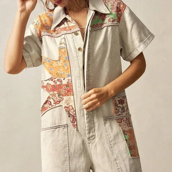 Khaki Casual Women's Boho Western Cowgirl Style Floral Patchwork Jumpsuit - Picture 2 of 7